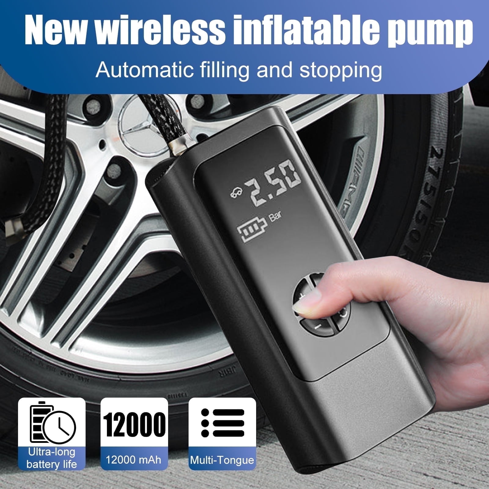 12000mAh Tire Air Compressor Pump For Car Tires with Digital Pressure Gauge, LED Light and Auto Shut-Off Function - Cordless Pump for Car, Motorcycle, Bicycle, Balls and More