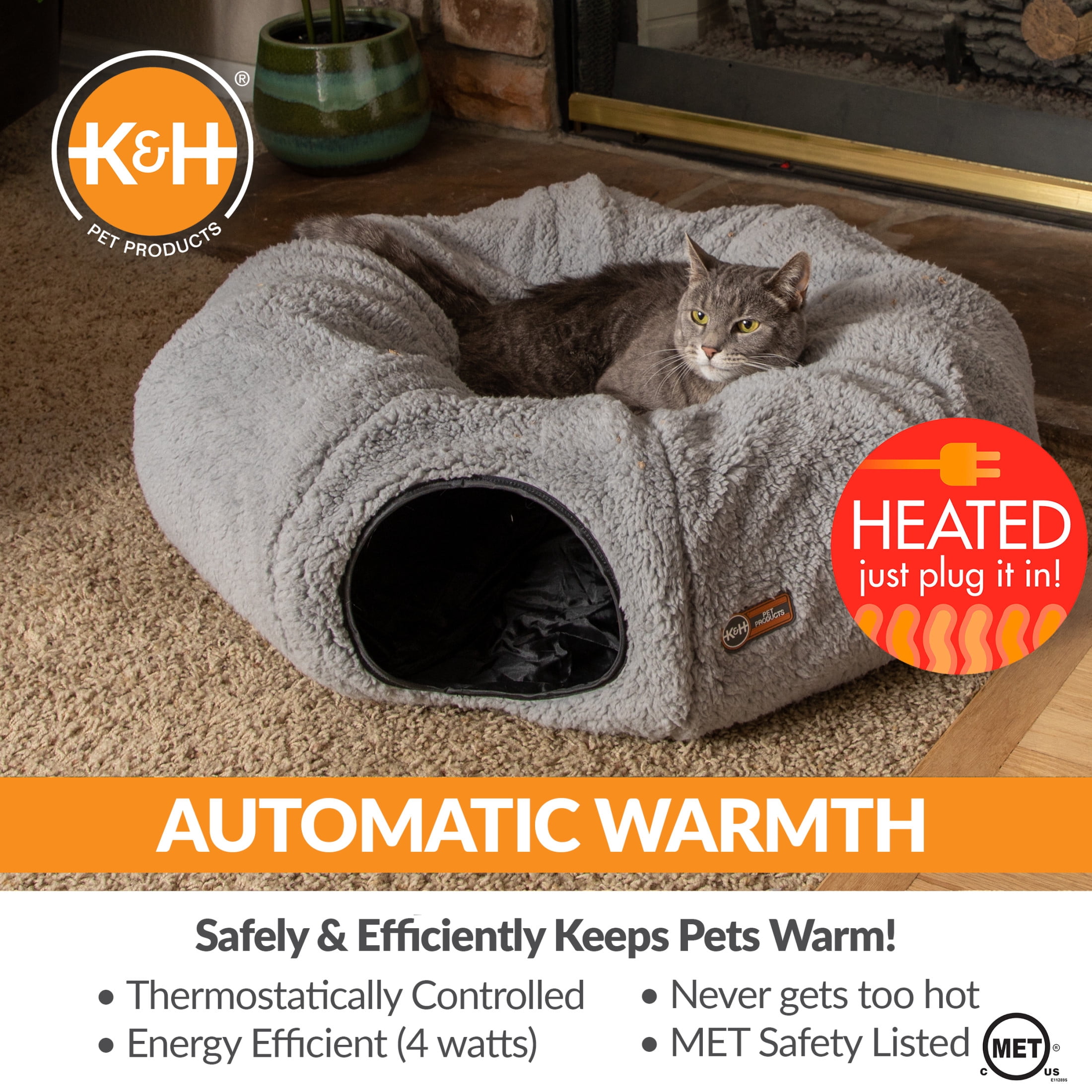 K&H Pet Products Thermo-Kitty Heated Cat Tunnel Bed Gray 28 X 28 X 9 Inches
