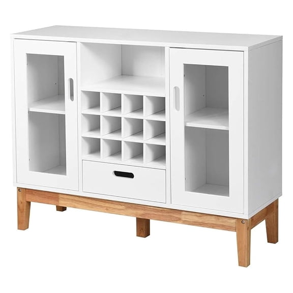 White Sideboard Buffet Storage Cabinet with Removable Wine Rack, Glass Doors, Open Shelf & Drawer, Wood Accent Console Table for Living Room, Entryway