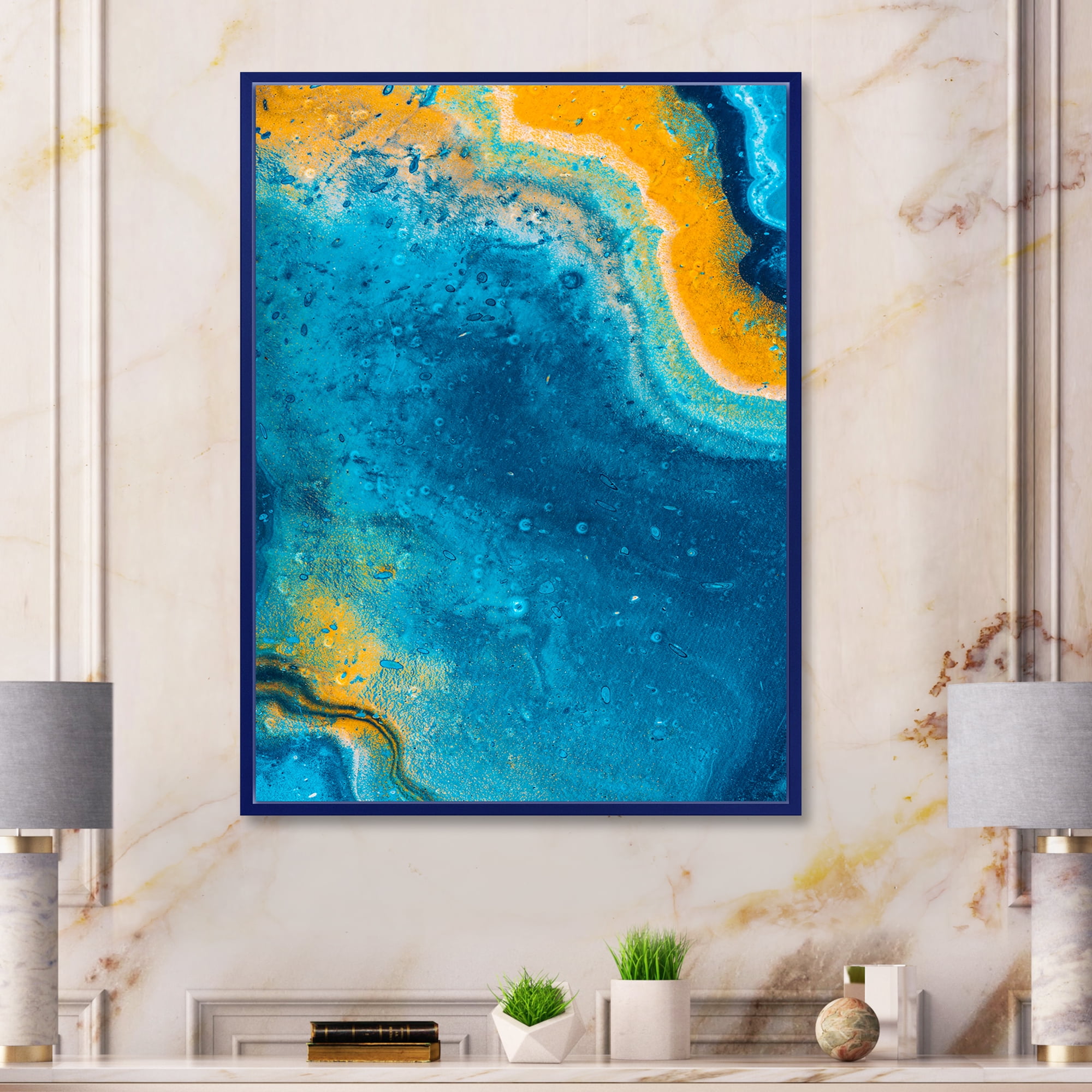 Designart 'Abstract Marble Composition In Orange and Blue V' Modern Framed Canvas Wall Art Print