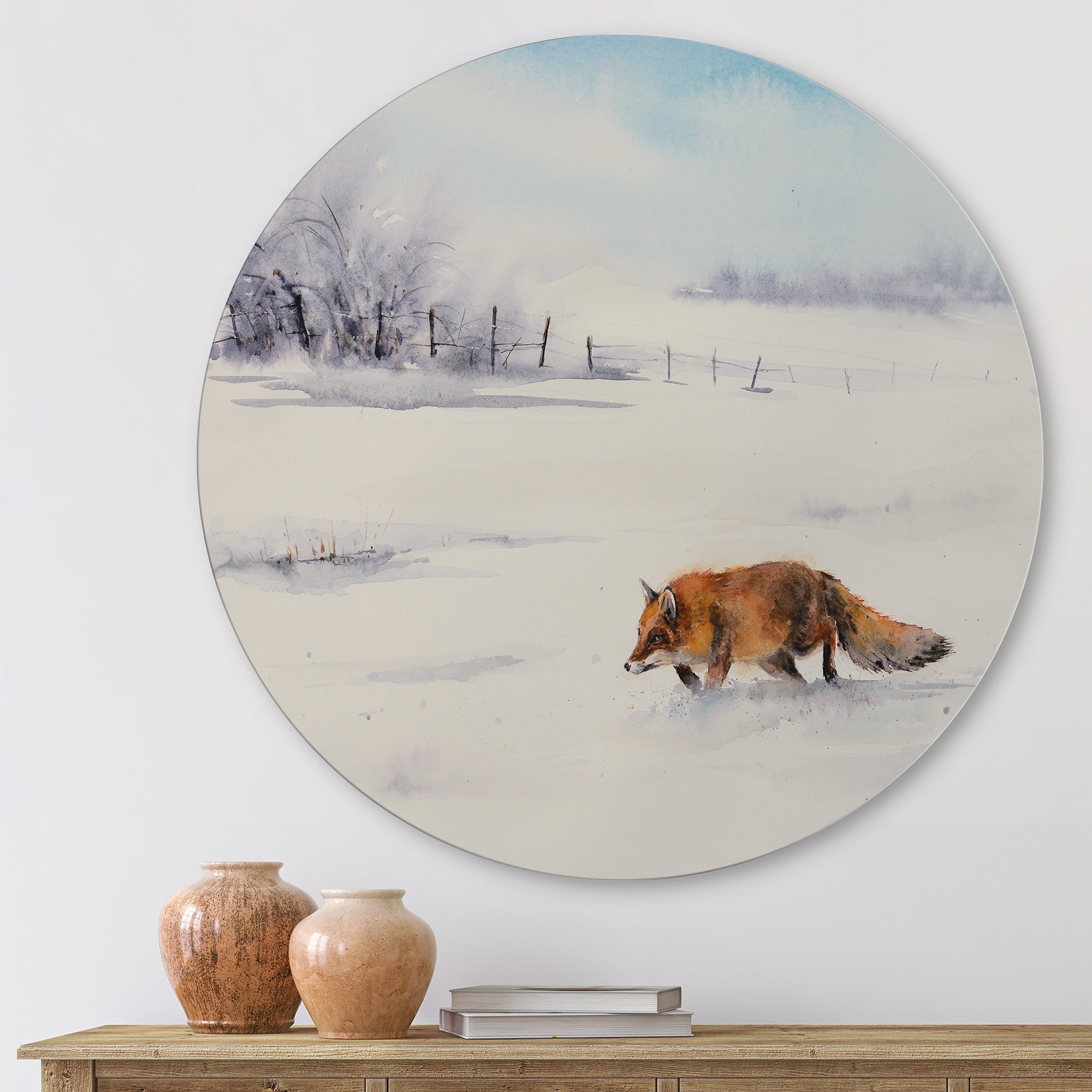 Designart 'Red Fox Running In White Snow in Countryside I' Farmhouse Circle Metal Wall Art 23x23 - Disc of 23