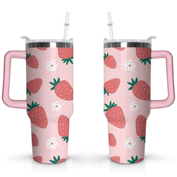 40oz Cute Red Strawberry Stainless Steel Flip Straw Tumbler Spill Proof Travel Cup Double Wall Vacuum Insulated Coffee Mug with Top Handle