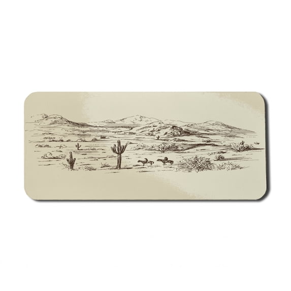 Western Computer Mouse Pad, Wild West Landscape Illustration Mountains Desert Plants Cowboys on Horses, Rectangle Non-Slip Rubber Mousepad X-Large, 35" x 15" Gaming Size, Beige Black, by Ambesonne