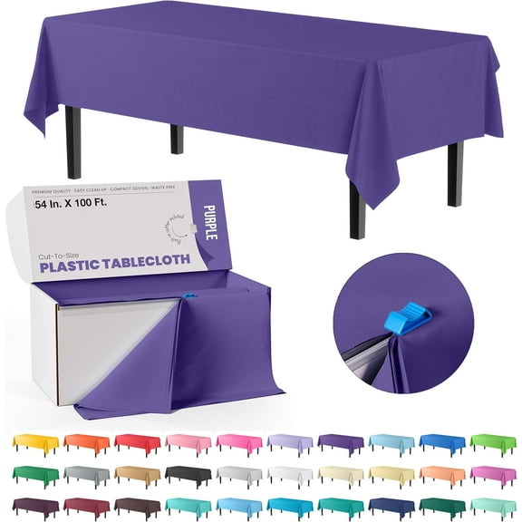 Solids 54 Inch X 100 Feet Purple Plastic Table Cover Roll in A Cut - to - Size Box with Convenient Slide Cutter. Cuts Up to 12 Rectangle 8 Feet Plastic Disposable Tablecloths
