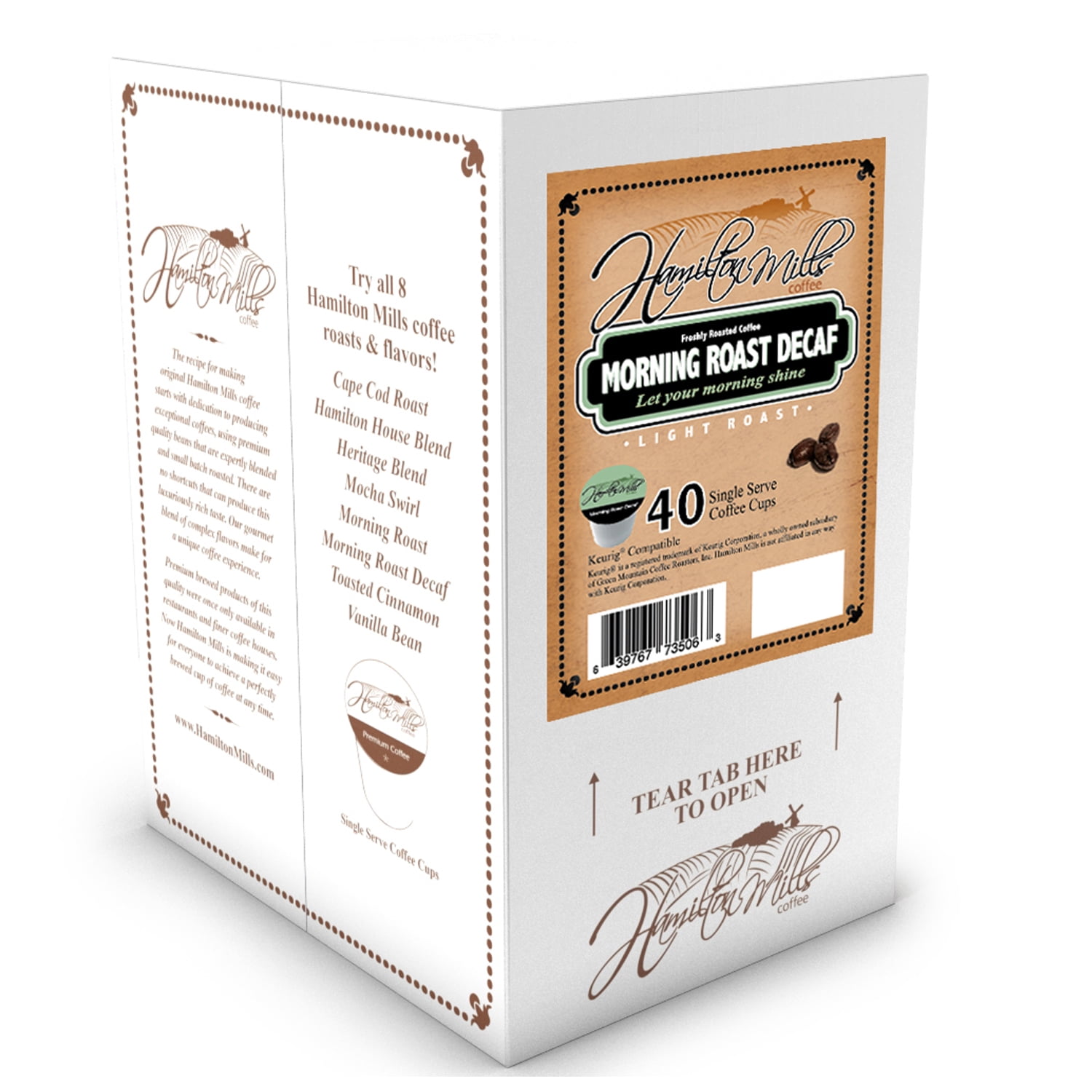 Hamilton Mills Morning Roast Decaf Light Roast Coffee Pods Compatible with Keurig Coffee Brewers, 40 Ct
