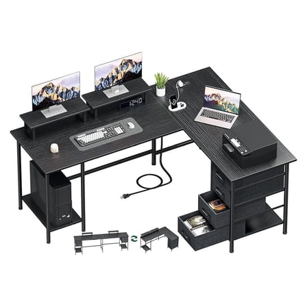NBBNHH 59" L Shaped Desk with Power Outlets, Home Office Computer Table with Drawers & Monitor Stands, Two Person Gaming Desk for Bedroom, Black