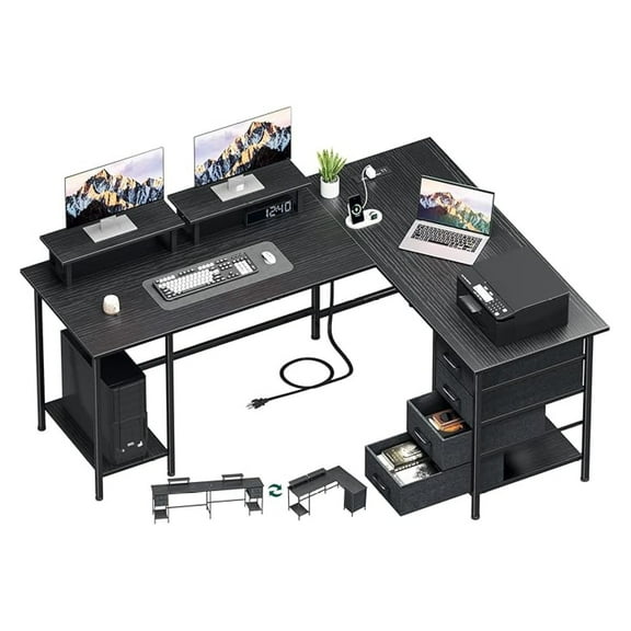 NBBNHH 59" L Shaped Desk with Power Outlets, Home Office Computer Table with Drawers & Monitor Stands, Two Person Gaming Desk for Bedroom, Black