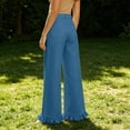 thumbnail image 4 of Mifsaly Womens Ruffle Hem Wide Leg Pants High Waist Button Fly Flare Pants Lightweight Loose Fit Flowy Summer Casual Outfits with Pockets Blue,L, 4 of 6