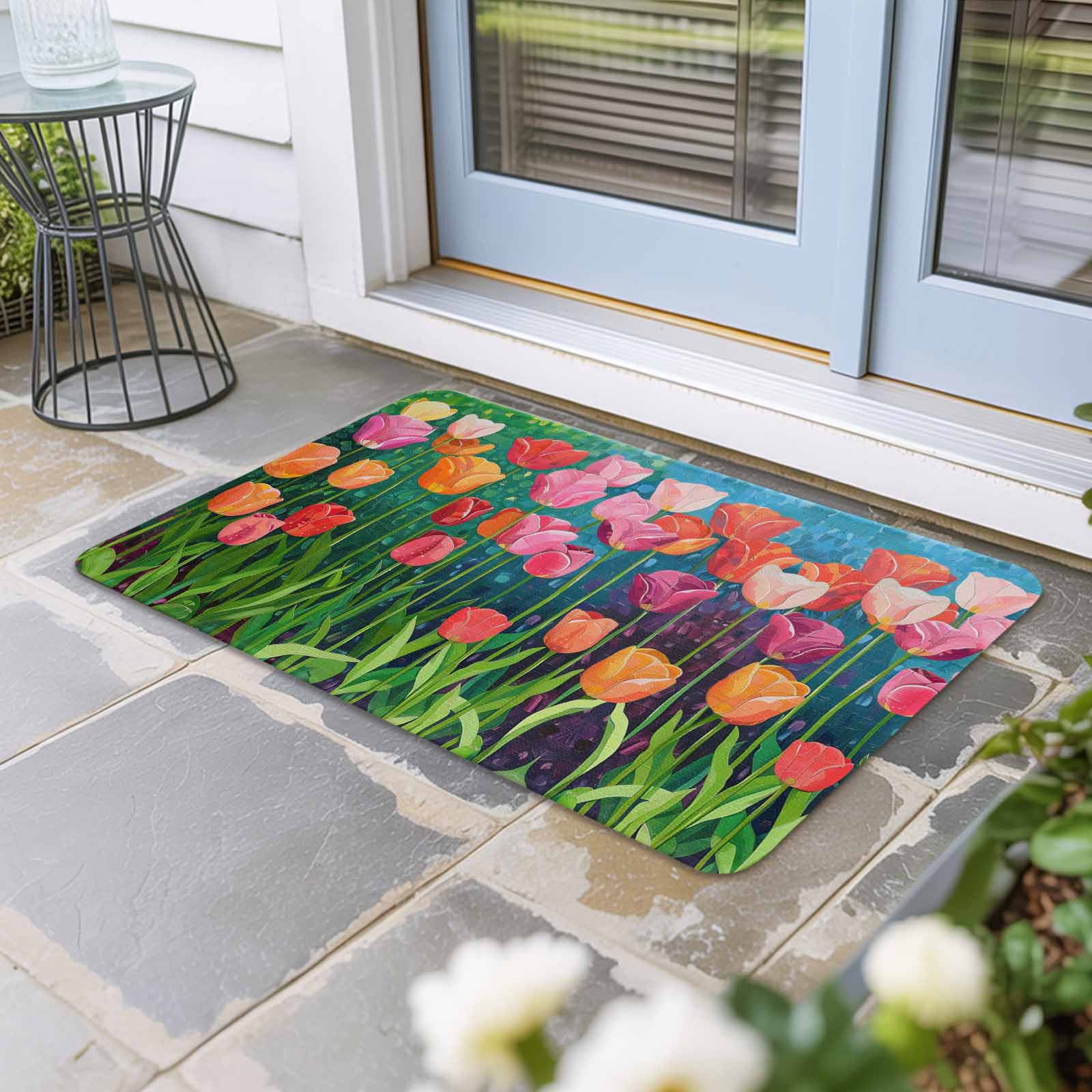 Colorful Spring Floral Doormat Outdoor Entrance 18"x30", Summer Botanical Oil Painting Absorb Moisture Dirt Door Mats, Non-Slip Rubber Backing Floor Mats Indoor, Low-Profile Front Door Rugs