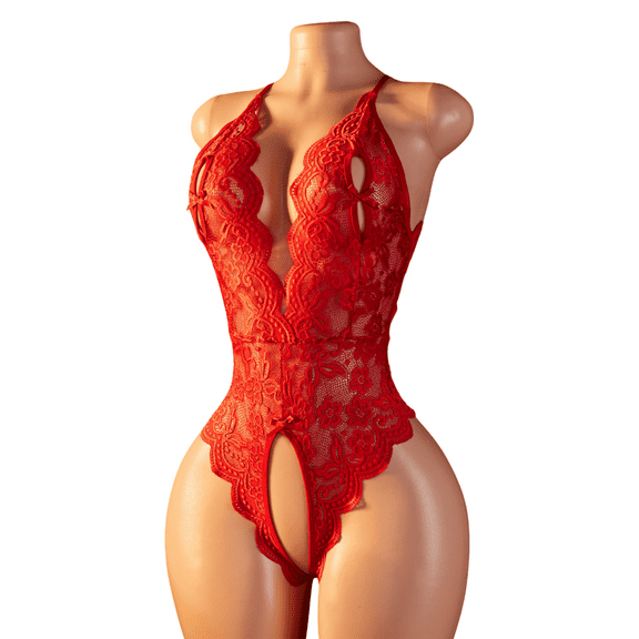 AESKEIA Women's Elegant Lace Trim Comfort Bodysuit For Women Flattering Contour Fit Lingerie One Piece Red S
