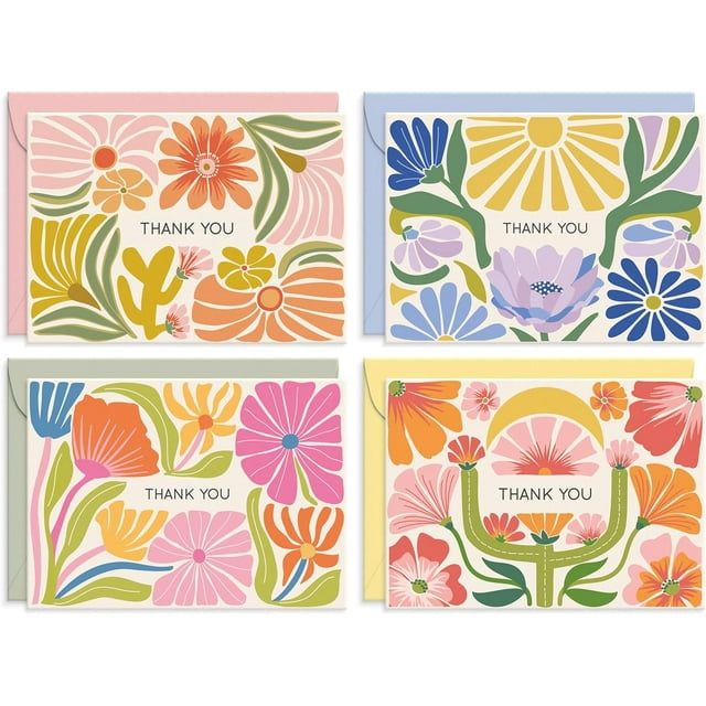 S&O Thank You Cards with Envelopes - Blank Stylish papers for Handwritten Messages -Set of 24 decor sheets and Envelopes - Assorted cute Cards with Stylish Color covers to Mix & Match