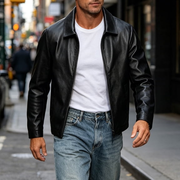 TaTaai Men's Classic Faux Leather Jacket Slim Fit Full Zip Lapel Collar Solid Black Casual Coat Versatile Everyday Outerwear for Spring Fall