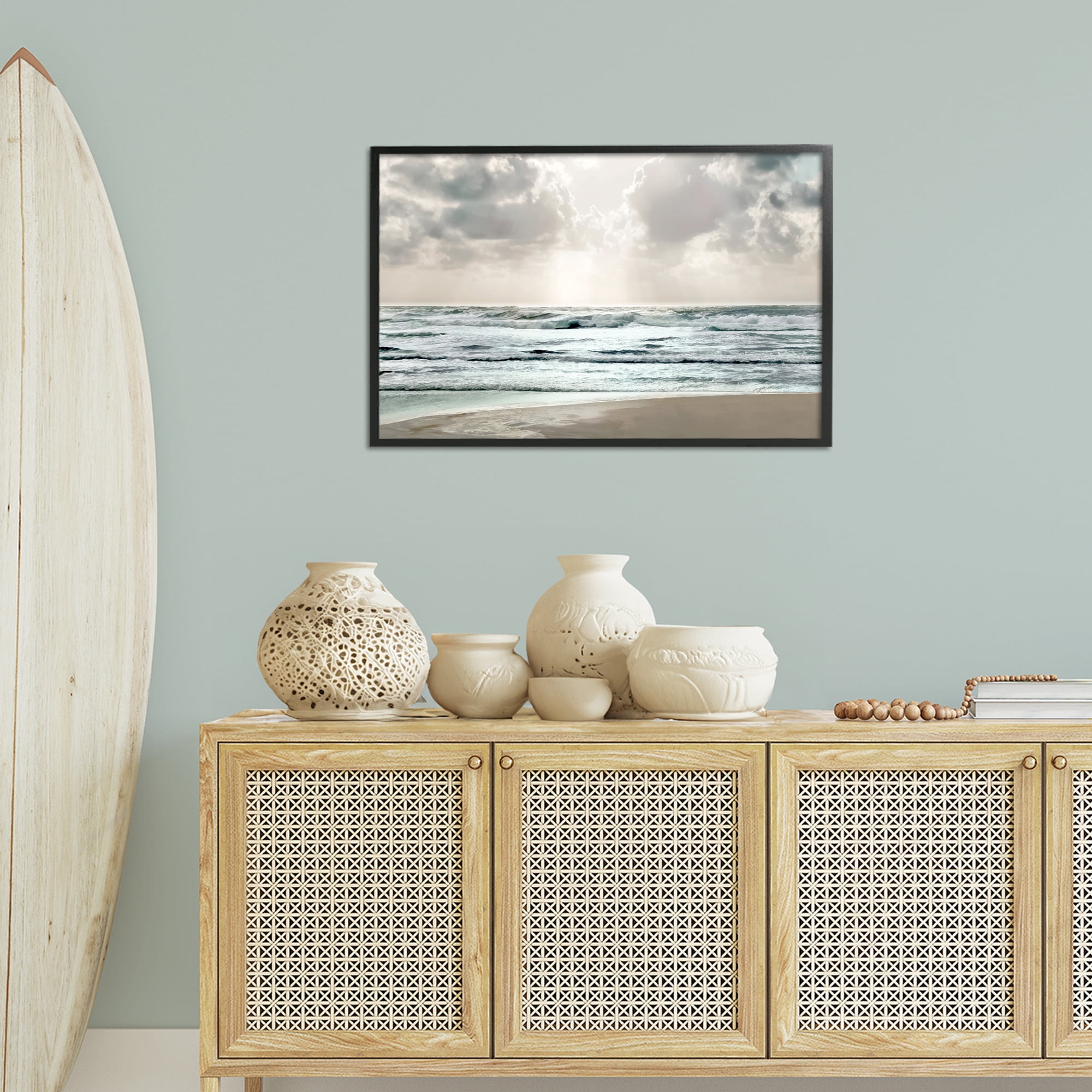 Stupell Industries Cloudy Sunlight Beach Landscape Photography Black Framed Art Print Wall Art, 30 x 20