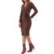 thumbnail image 4 of Vestido midi casual de manga larga con cuello en V y lazo en la cintura para mujer Inspire Chic, color marrón, 4 of 5