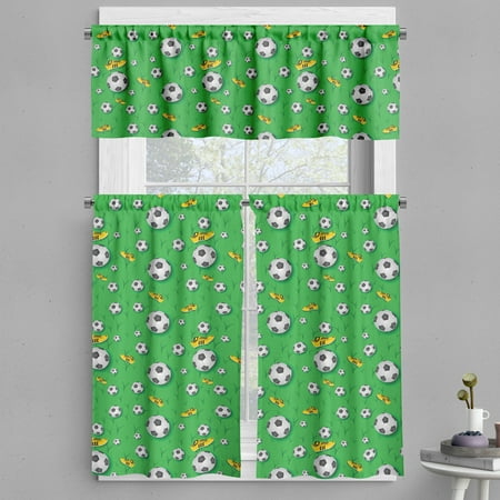 

Soccer Valance & Tier Curtain 3 pcs Set Professional Player Athletics Pattern Football Shoes Balls on Grass Window Treatments Room Kitchen Decor 4 Sizes Lime Green Yellow Black by Ambesonne