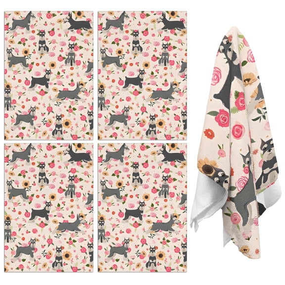 4 Pcs Funny Kitchen Towels,Schnauzer Dog and Flower Floral Microfiber Dish Towels,Kitchen Tea Towels,Kitchen Towel Set (18" X 26")