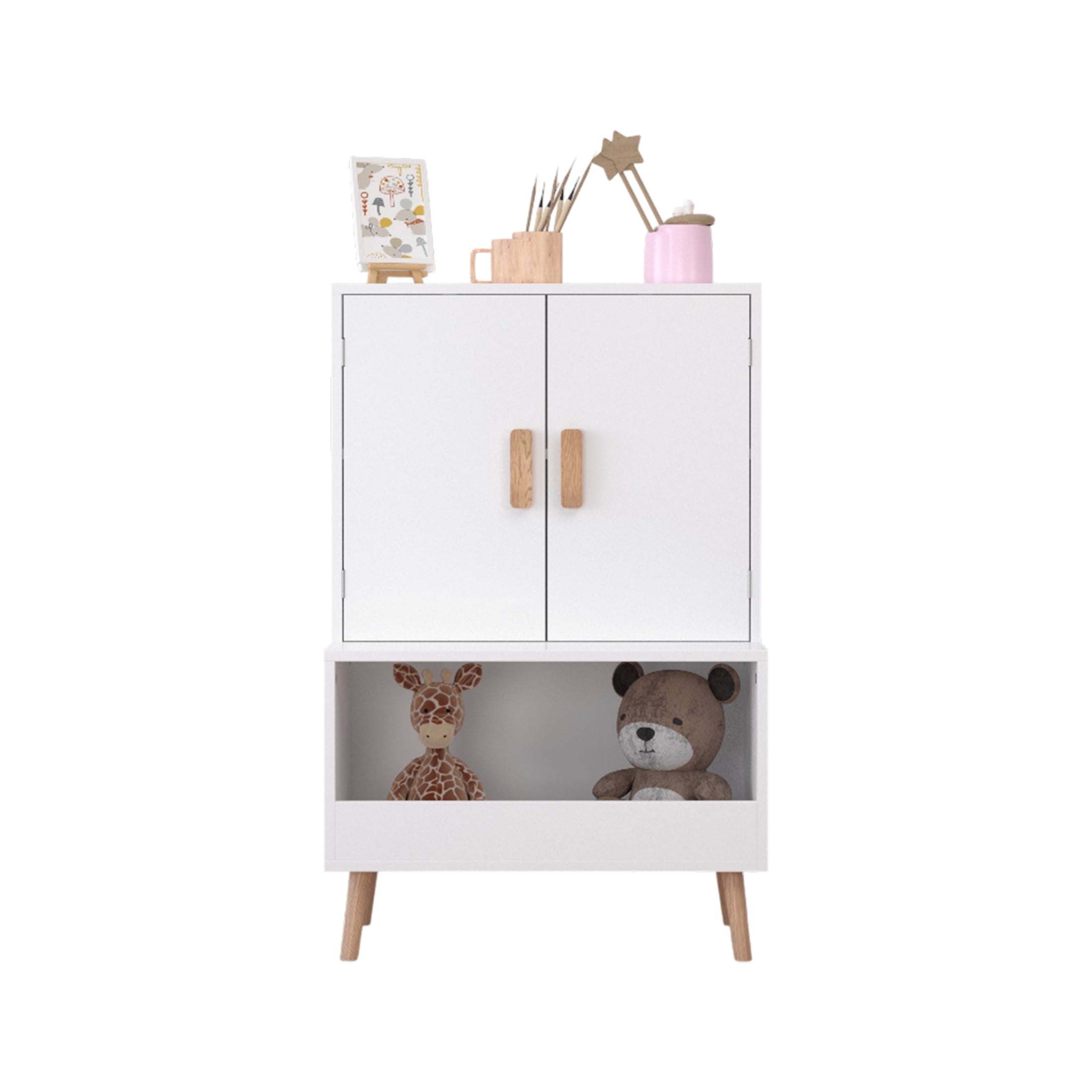 Noble House 37" Kids Toy Storage Cabinet, Modern Wooden Organizer with Doors and Open Shelf, Toddler Bookshelf, White