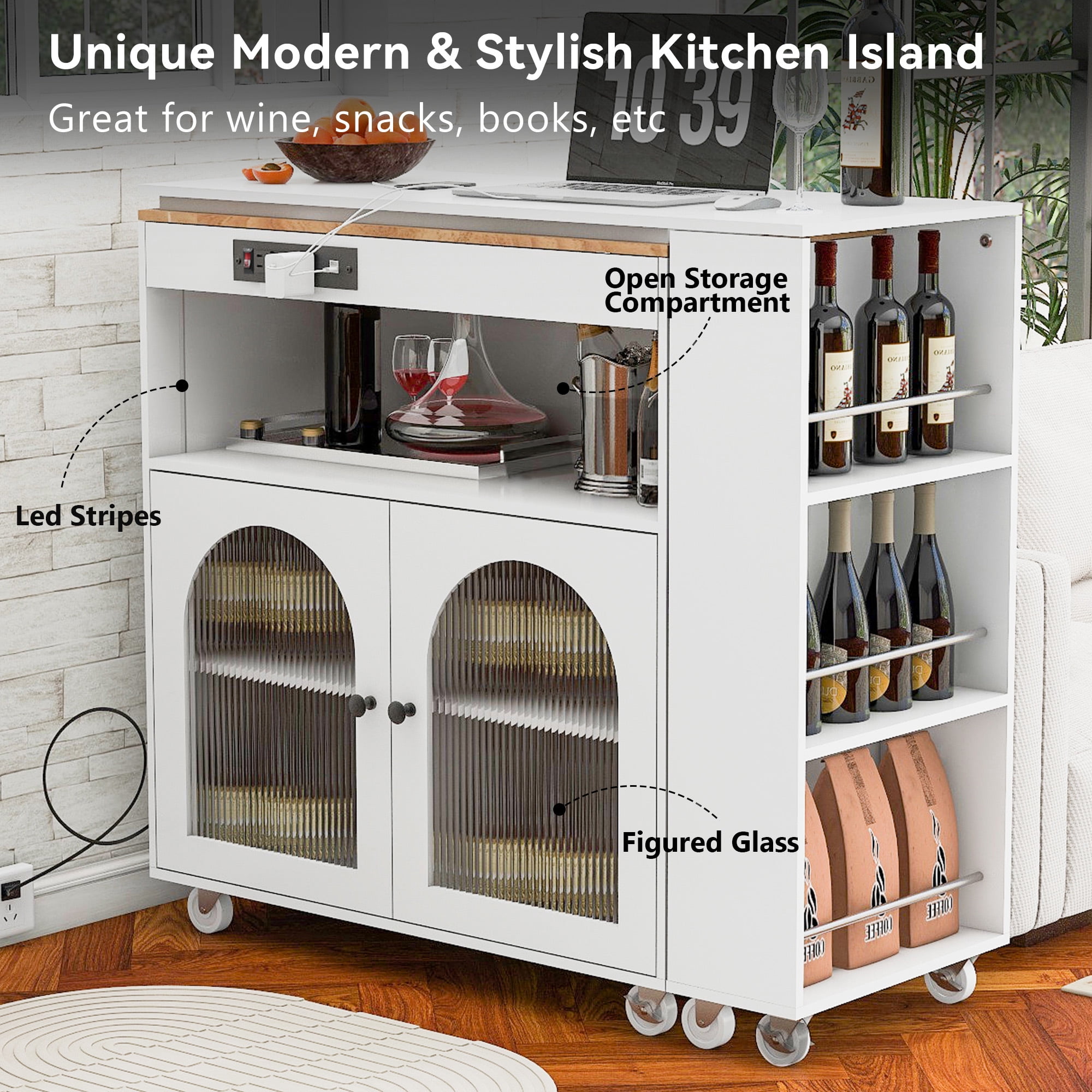 AENKYO Rolling Kitchen Island With Extended Table, Kitchen island on Wheels with LED Lights,Power Outlets,2 Fluted Glass Doors, Storage Compartment and Side 3 Open Shelves,White