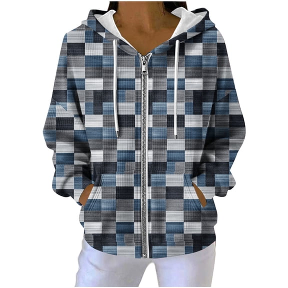 Womens Plaid Jackets Hooded Full Zip Drawstring Cardigan Loose Stylish Casual Ribbed Hoodie Outwear With Pockets (XL, Navy)