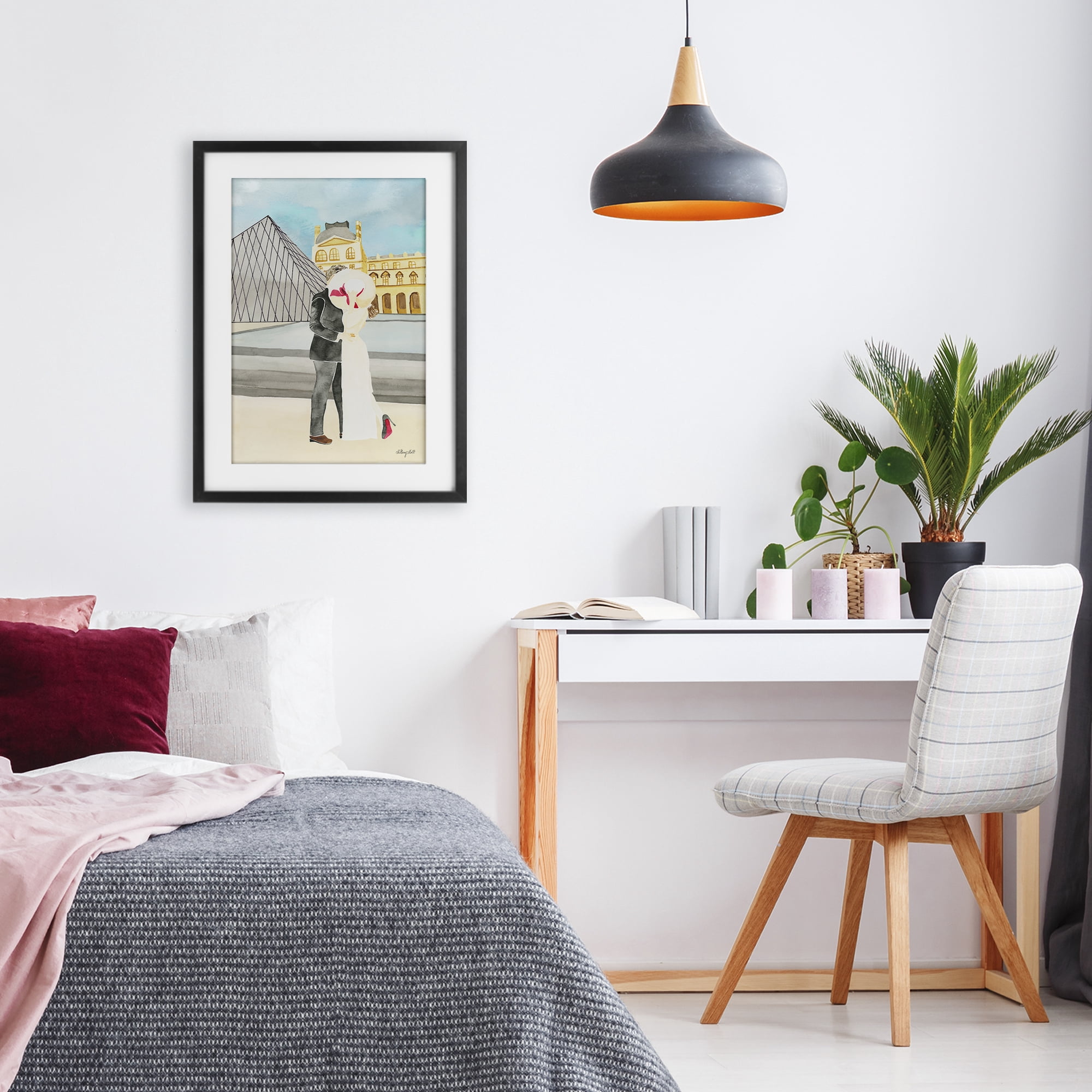 Stupell Industries Couple Embrace At The Louvre Black Framed Print Under Glass, design by Hillary Holt