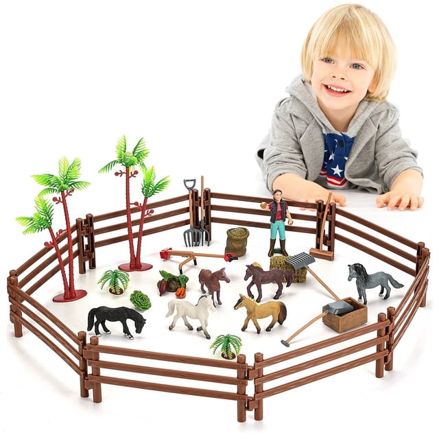 Juego de establo de caballos para niños, juego de club de caballos de simulación, que incluye vallas de granja, figuras de caballos, pesebre, herramientas de granja, juguetes para puestos de caballos