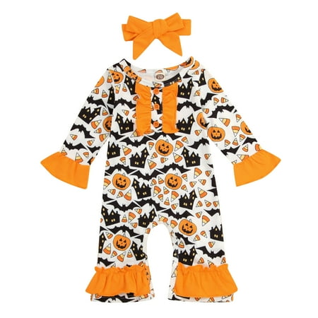 

Baby Romper Boys Girls Pumpkin Print Long Sleeve Jumpsuit Headband Clothes Onesie Cute Outfits For 0-6 Months