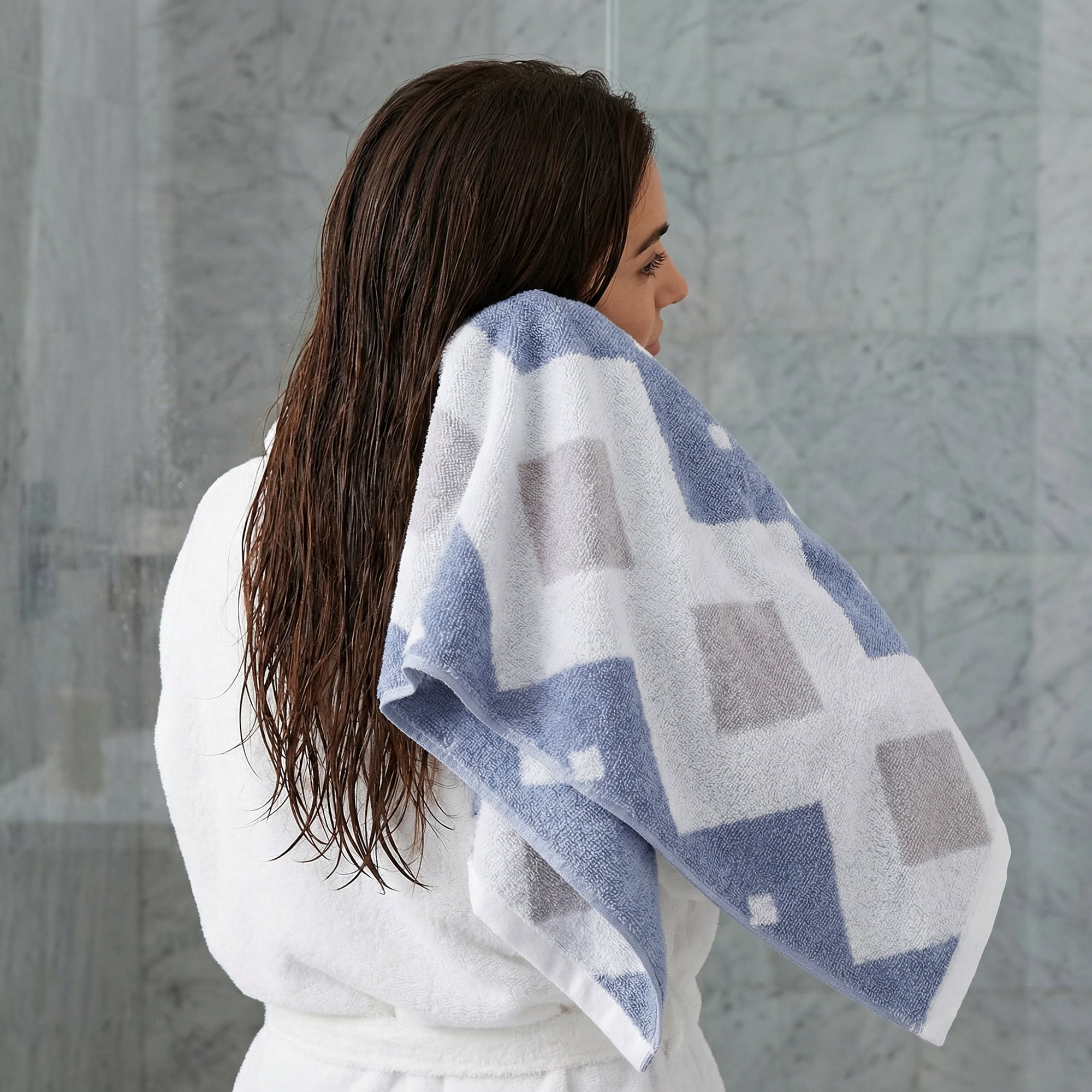 Unique Bargains Geometric Rhombus Cotton Soft Color Block Hand Towel Blue 4pcs 28" x 13"