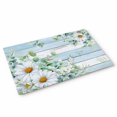 Daisy Eucalyptus Leaves Door Mat Blue Wood Grain Spring Countryside Non Slip Absorbent Entrance Mat Washable Low Profile Indoor Doormat for Front Door Entryway Entry 18 x30