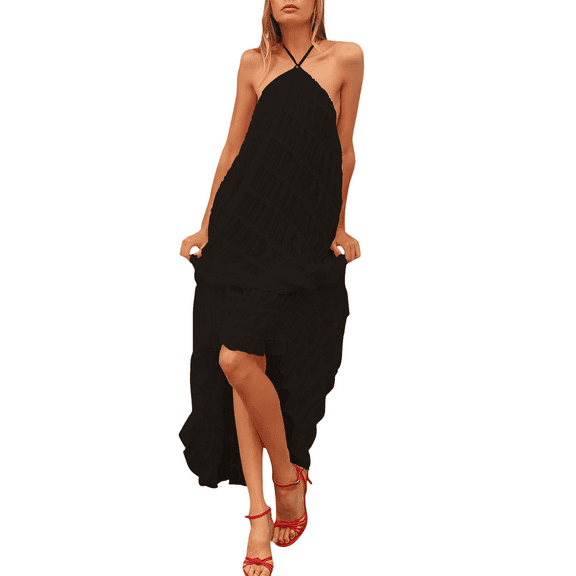 Maternity Athletic Dress, Halter Smocked Lightweight Sexy Lace Beach Vacation Flowy Maxi Knitted Dresses For Women White Formal Business Dresses 2025 Club Spring Dresses (XL, Black) ZMTing