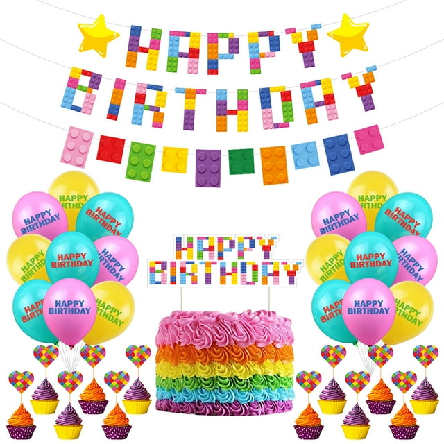 Toystoory Conjunto de bloques de construcción Bandera impermeable Globos de látex Decoración Coronas Pegatinas autoadhesivas Atmósfera feliz Kits de decoración para fiestas