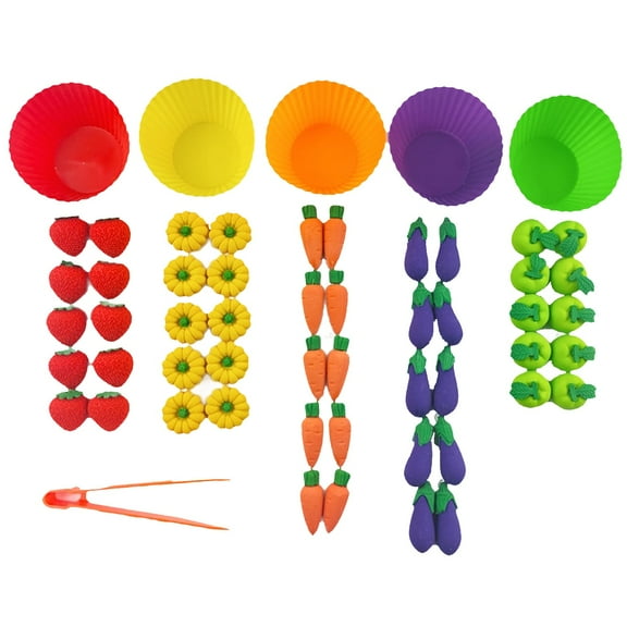New 56pcs Educational Toy Set Fruit & Vegetable Sorting And Counting Colorful Food Pieces Fine Motor Skills Development With Tongs & Silicone Cups ,Christmas Gifts For Kids,Party Favors