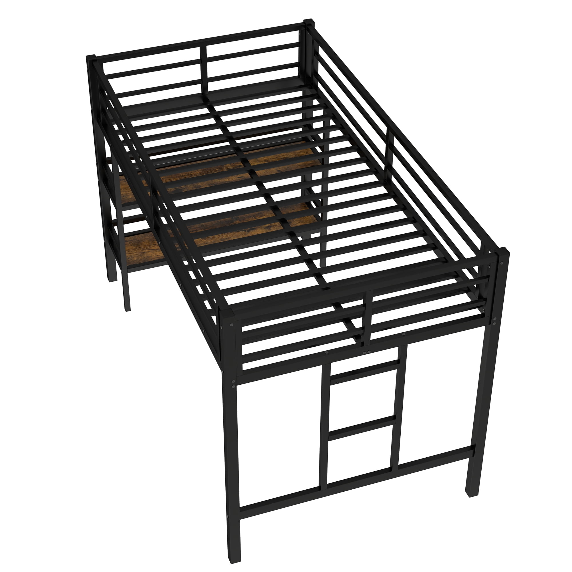 Miniyam Twin Metal Loft Bed with Ladder and Shelves and Guard Rails for Kids and Teens, Black