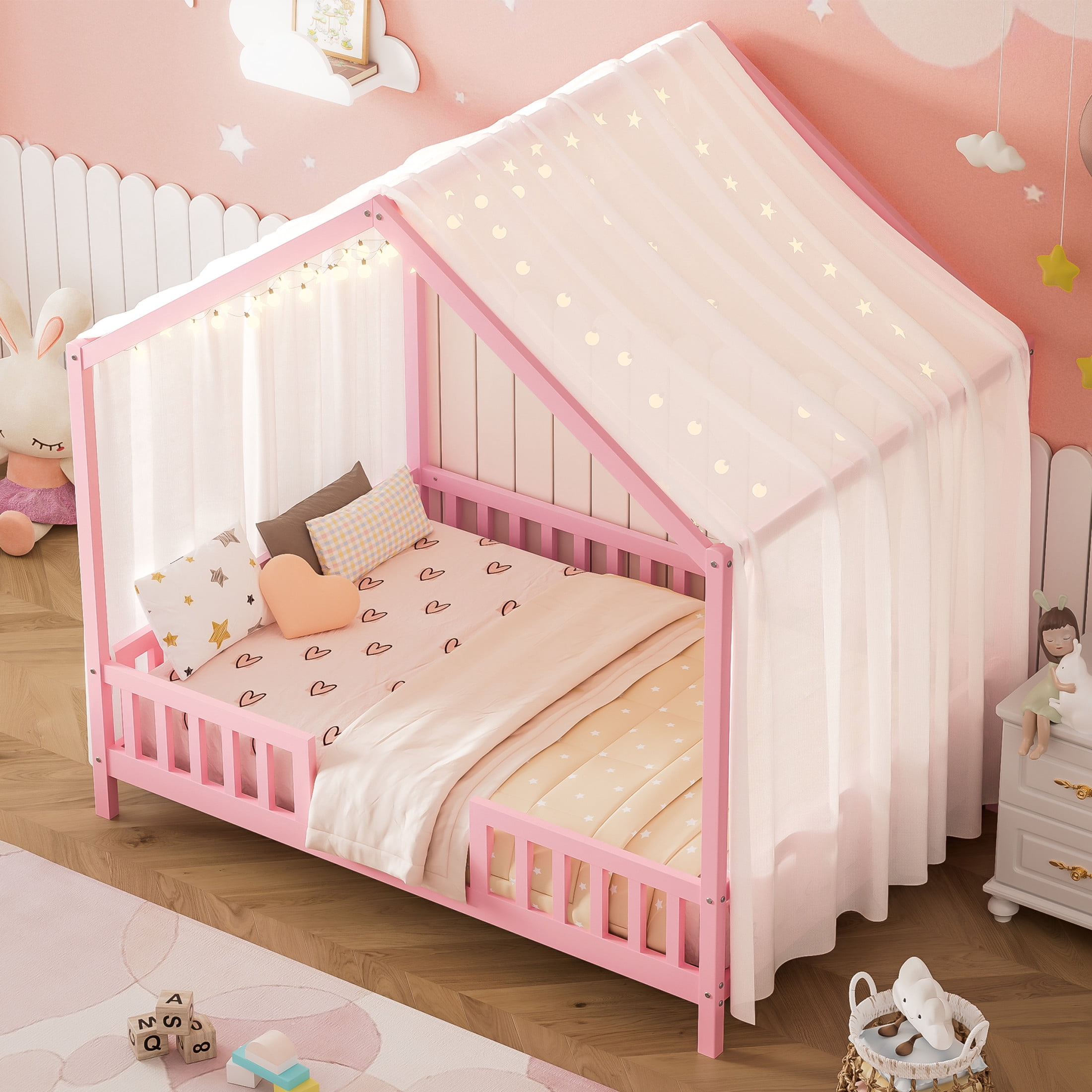 Noble House Full Floor Bed with Canopy and Guardrails, Wood House Bed Frame for Kids, Pink