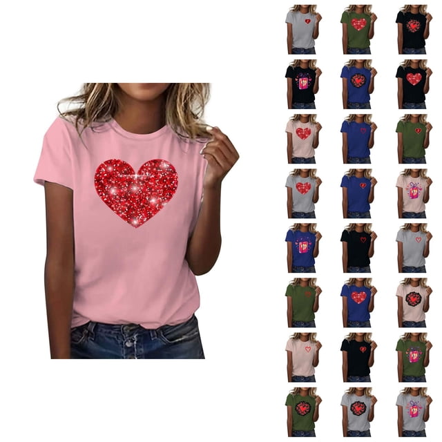 T-shirt Femme Saint-Valentin 2026 Manches Courtes Col Rond Graphique Cœur d'Amour