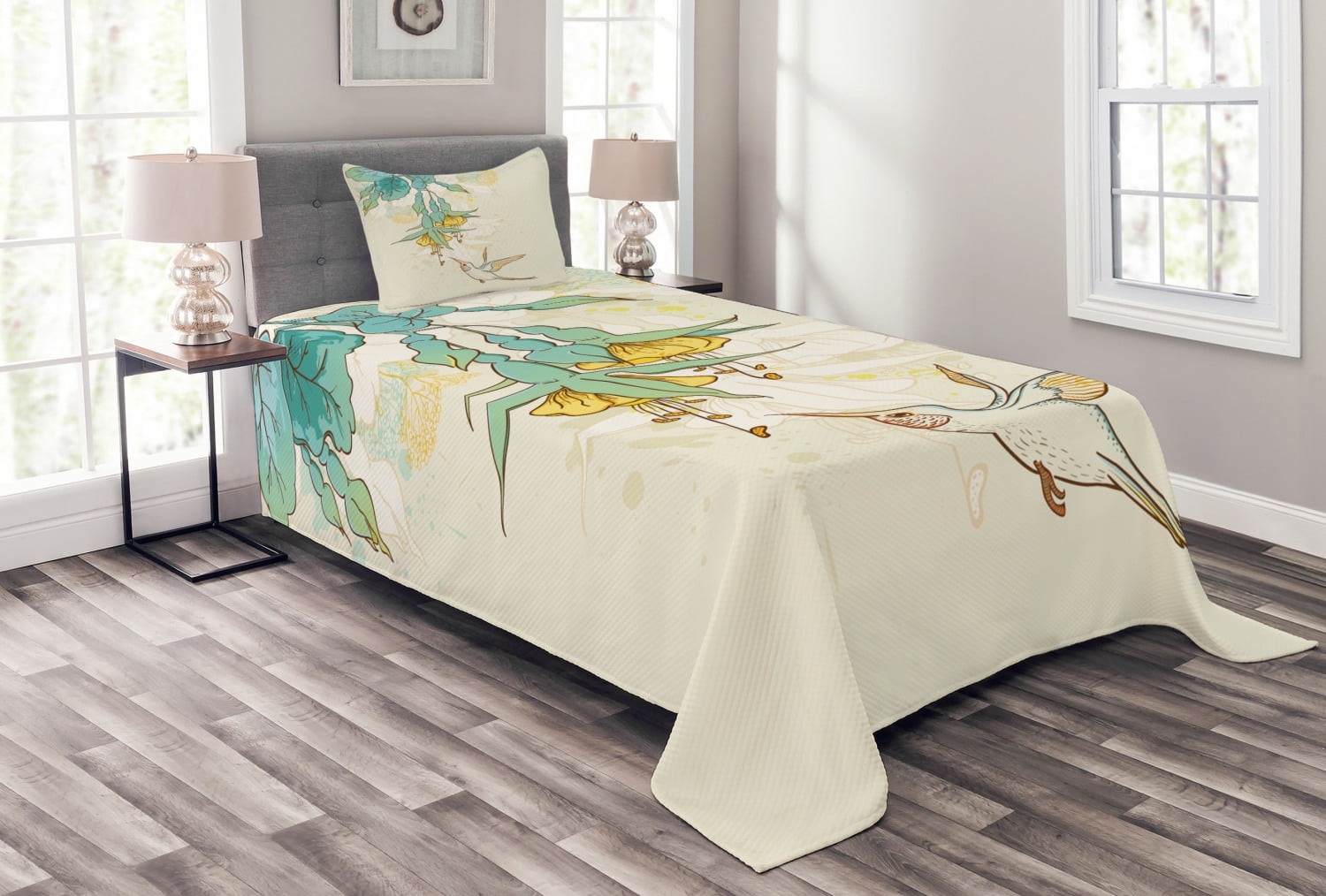Hummingbird Bedspread Set Twin Size, Hummingbird and Tropical Flowers