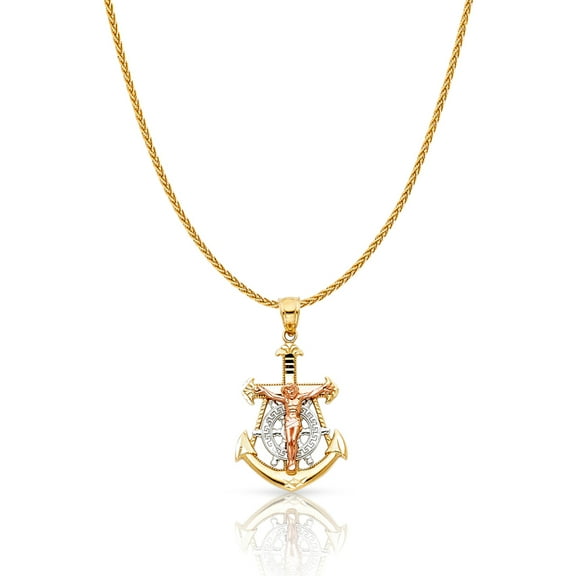 14K Tri Color Gold Jesus Crucifix Anchor Charm Pendant with 1.1mm Wheat Chain Necklace