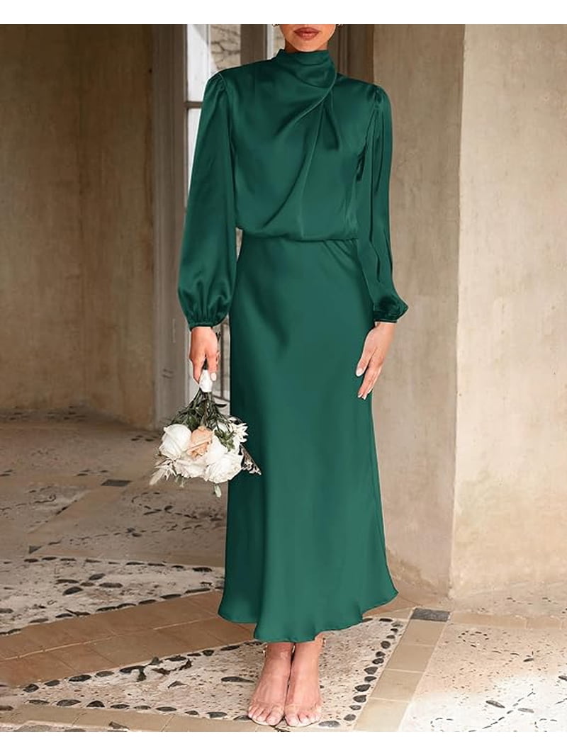 lightweight formal dresses Btfbm Womens Mock Neck Satin Dress Spring Summer Long Sleeve Wedding Party Maxi Cocktail Dresses, Women's, Size: Small, Green November 23'