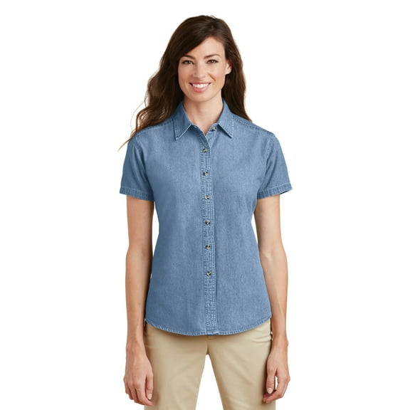 Port & Company LSP11 Ladies Short Sleeve Value Denim Shirt, Womens Button Down Shirts