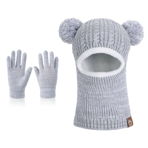 hengsof Kids Thick Knitted 3-Piece Set Bear Ears Beanie Hat Warm Gloves Toddler Winter Warm Face Mask Hat