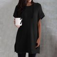 thumbnail image 2 of Women's 2025 Summer Oversized Short Sleeve Drawstring Hoodie Knit Side Slit Tunic Tops with Pocket, 2 of 5
