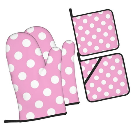 

Honeii Pink And White Polka Dot Pattern Oven Mitts and Pot Holders Silicone Oven Gloves 500 F Heat Resistant Oven Mitts Sets 4PCS