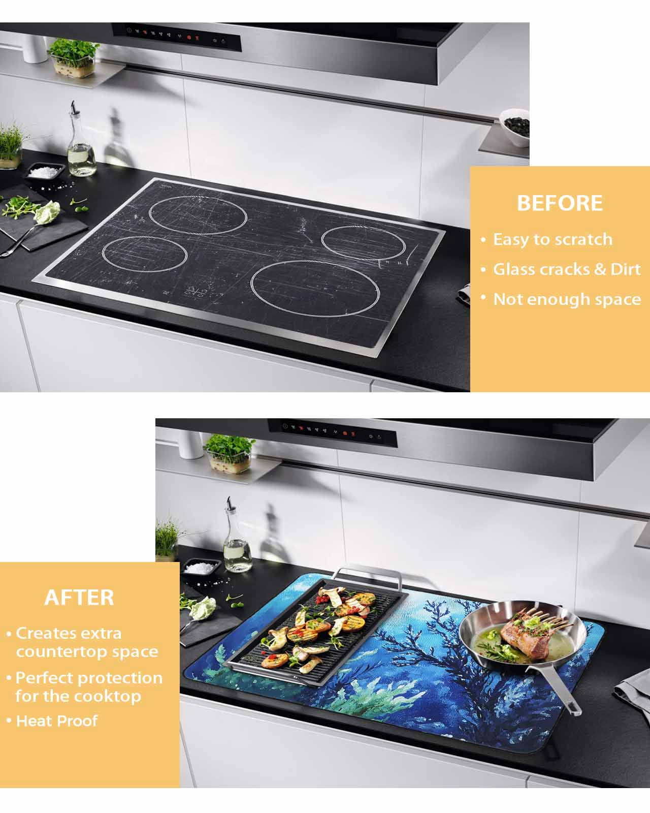 nqOlkjepod Large Induction Cooktop Protector Mat 24"x21", Blue Green Coral Stove Top Covers for Electric Stove, Summer Watercolor Ocean Plant Stove Burner Cover Mats, Glass Top Stove Cover