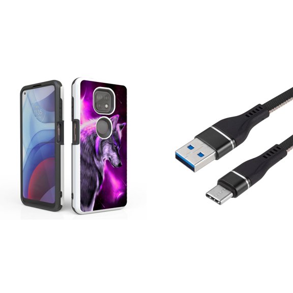 Bemz Accessory Bundle for Moto G Power (2021) Case with: Dual Shield Slim Rugged Hybrid Protective Cover, Fast Charging Sync USB-C to USB-A Cable (3 Feet) and Touch Tool - Wolf Purple Space