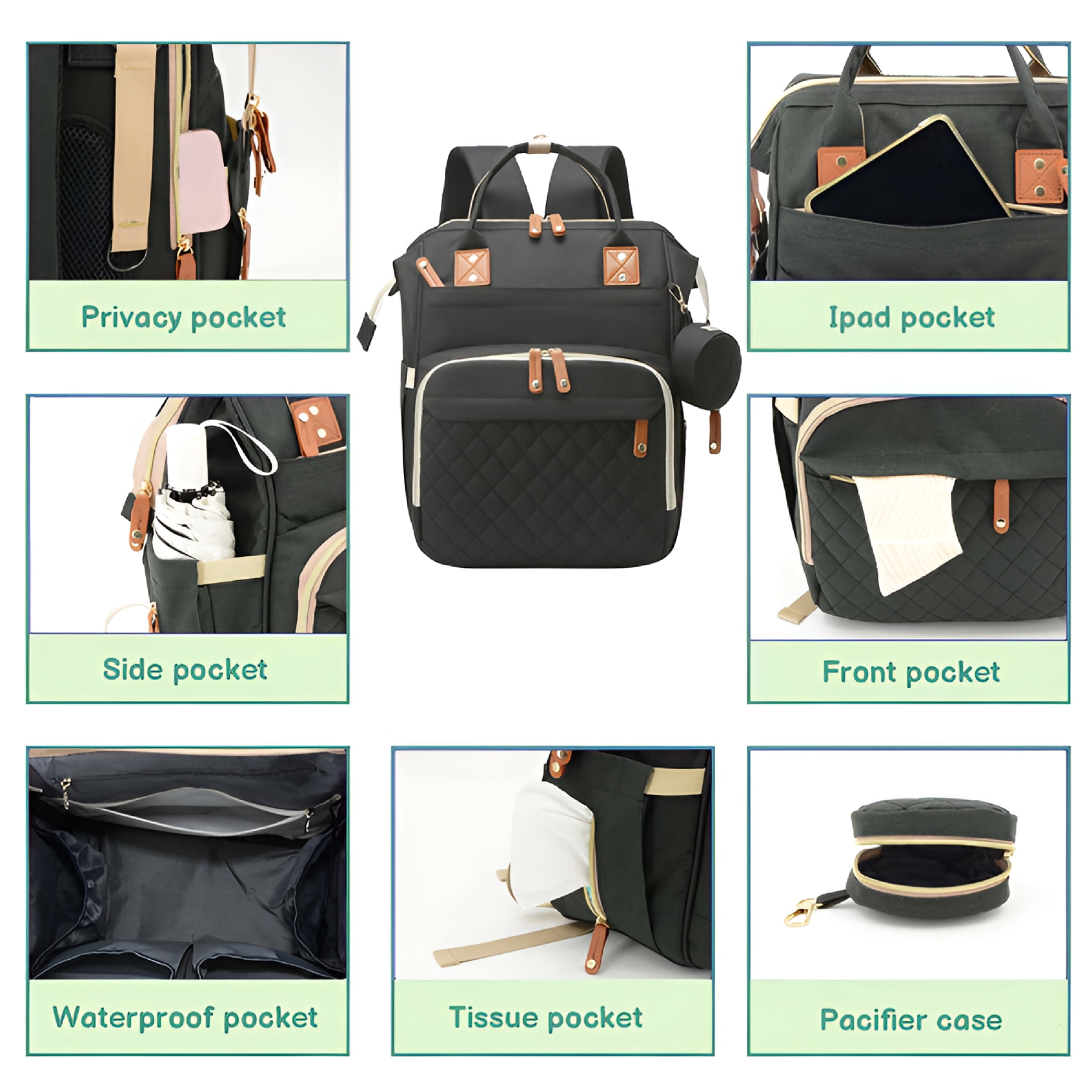 GASTROPOD 2026 New Diaper Bag Backpack,Baby Bag with Insulated Bottle Pockets,Unisex,For Travel,Outings,Hospital,Shopping,Park,Black Diaper Bag Organizing Pouches