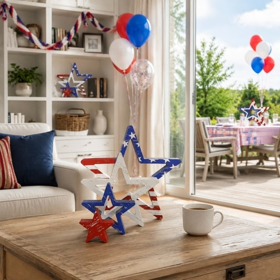 Liamobondopolis 3 Piece Nested Wooden Star Set 4th of July Patriotic Decor for Home Decor Living Room Table and Shelf