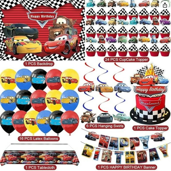 Cars Party Supplies Set (62 Pieces) – Includes 13-Piece “HAPPY BIRTHDAY” Banner, Cake Topper, 24 Cupcake Toppers, 18 Balloons, 6 Hanging Swirls, 1 Backdrop & 1 Table Cover – Kids Birthday Decorations