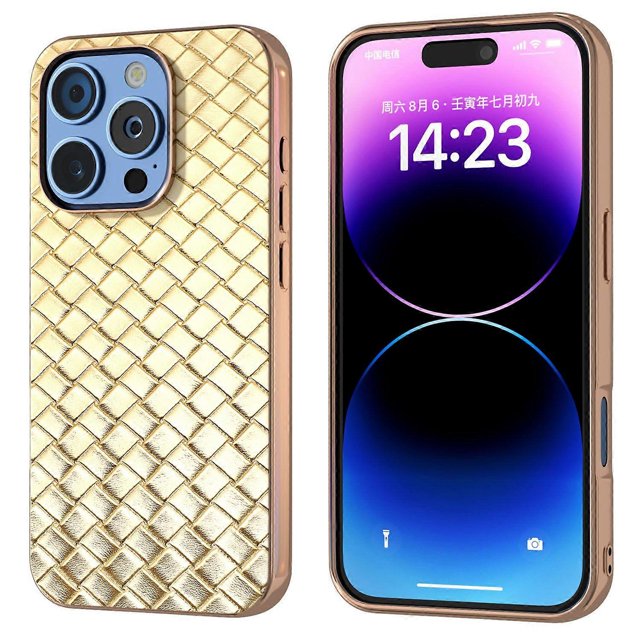 For iPhone 16 Pro Max Case Woven Texture Electroplating Edge Leather Coated PC+TPU Phone Cover - Gre