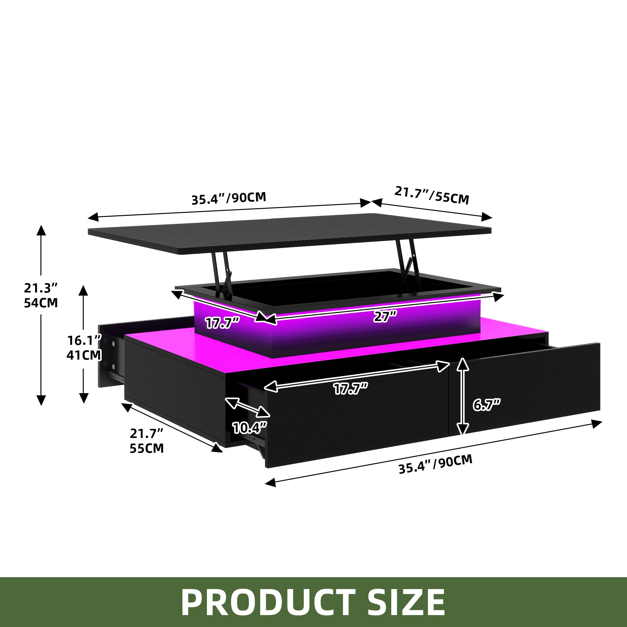 Uforic LED Lift Top Coffee Table, Modern Living Room Tables with 4 Spacious Drawers, Black