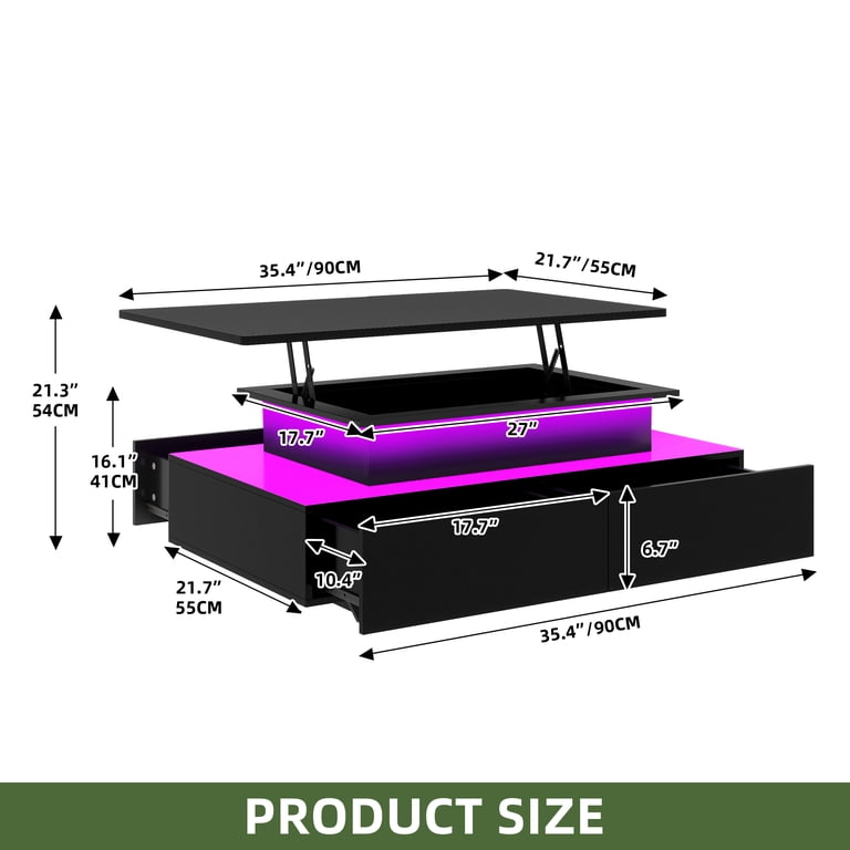 Uforic LED Lift Top Coffee Table with Storage Drawers, Black photo 5