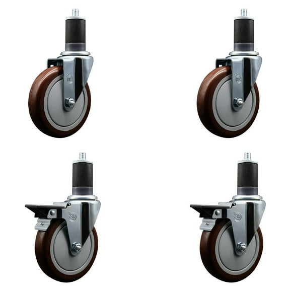 5 Inch Maroon Poly Wheel Swivel 1-5/8 Inch Expanding Stem Caster Set 2 Brakes